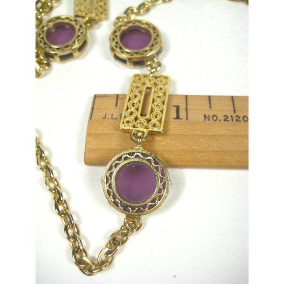 Goldtone Necklace Purple Plastic Stones Filigree Art Deco STYLE 55 inch - Picture 3 of 11